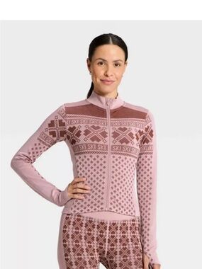 Full-Zip 'Ski' Pattern Sweater Jacket in Dusty Rose & Burgundy ;All In Motion